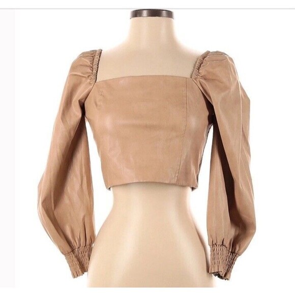7 For All Mankind Vegan Leather Corset Crop Top Puff Long Sleeves Nude Small NEW - Picture 1 of 11